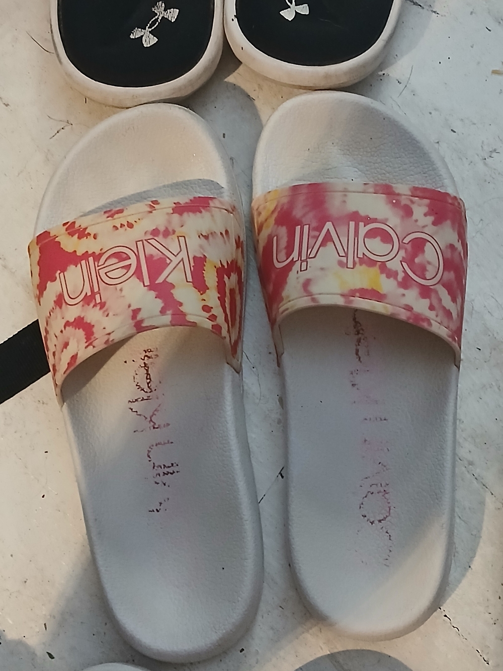 Calvin Klein White Slide Sandals with Pink & Yellow Tie-Dye Strap